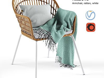 Stylish Rattan Armchair in White with Gray Pillow and Green Blanket 3d model