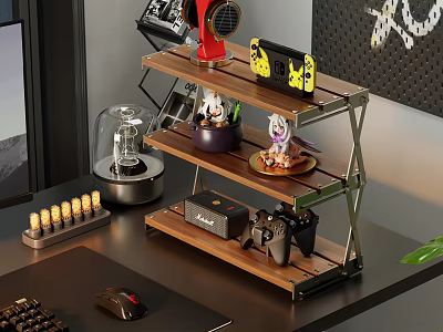 Three Tier Wooden Shelf with Metal Frame for Desktop Game Controllers and Decorative Items 3d model