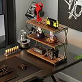Three Tier Wooden Shelf with Metal Frame for Desktop Game Controllers and Decorative Items
