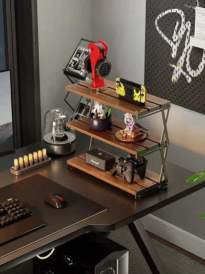 Three Tier Wooden Shelf with Metal Frame for Desktop Game Controllers and Decorative Items 3d model