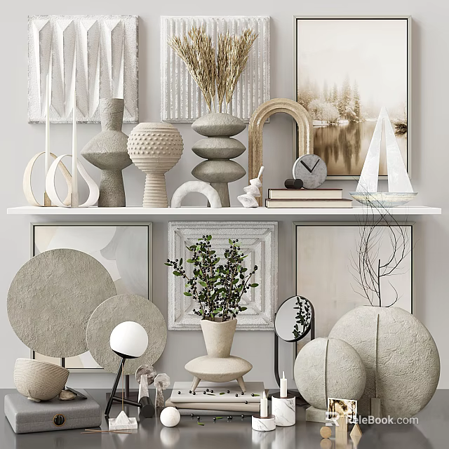 Stylish Ornamental Decor Combination With Vases Stacked Stones Sailboat Model Clock And Plant On Shelf 3d model 