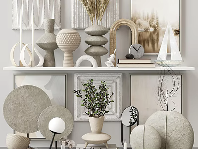 Stylish Ornamental Decor Combination With Vases Stacked Stones Sailboat Model Clock And Plant On Shelf 3d model