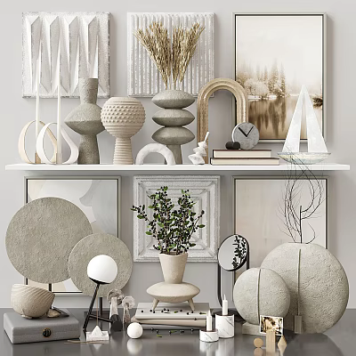 Stylish Ornamental Decor Combination With Vases Stacked Stones Sailboat Model Clock And Plant On Shelf 3d model