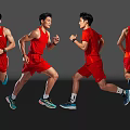 Men In Red Sportswear Running With Various Angles And Blue Running Shoes