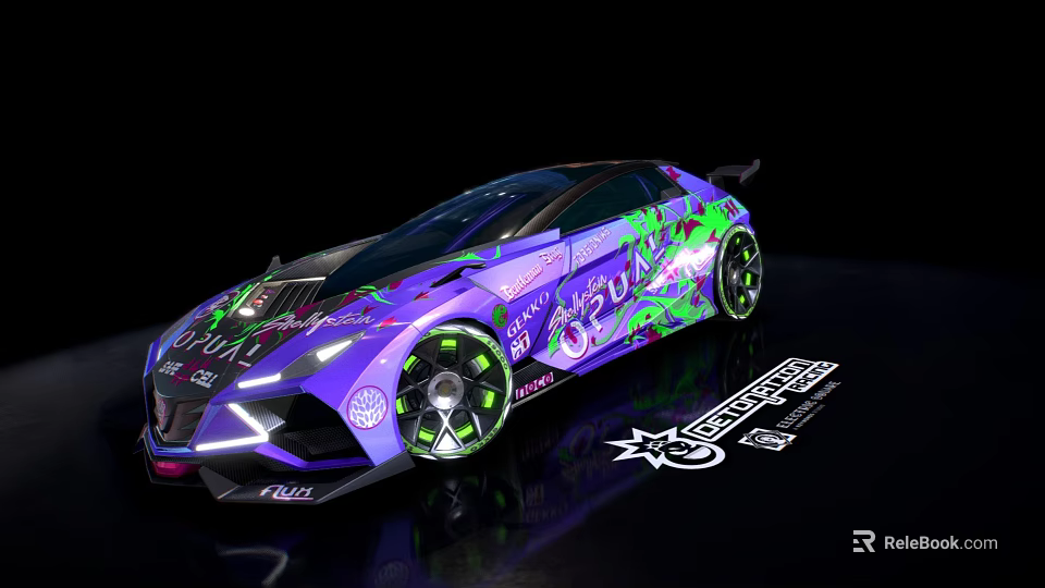 Custom Racing Sports Car With Neon Purple Green Graffiti Art And Aerodynamic Body Design 3d model 
