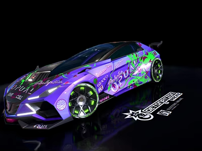 Custom Racing Sports Car With Neon Purple Green Graffiti Art And Aerodynamic Body Design 3d model