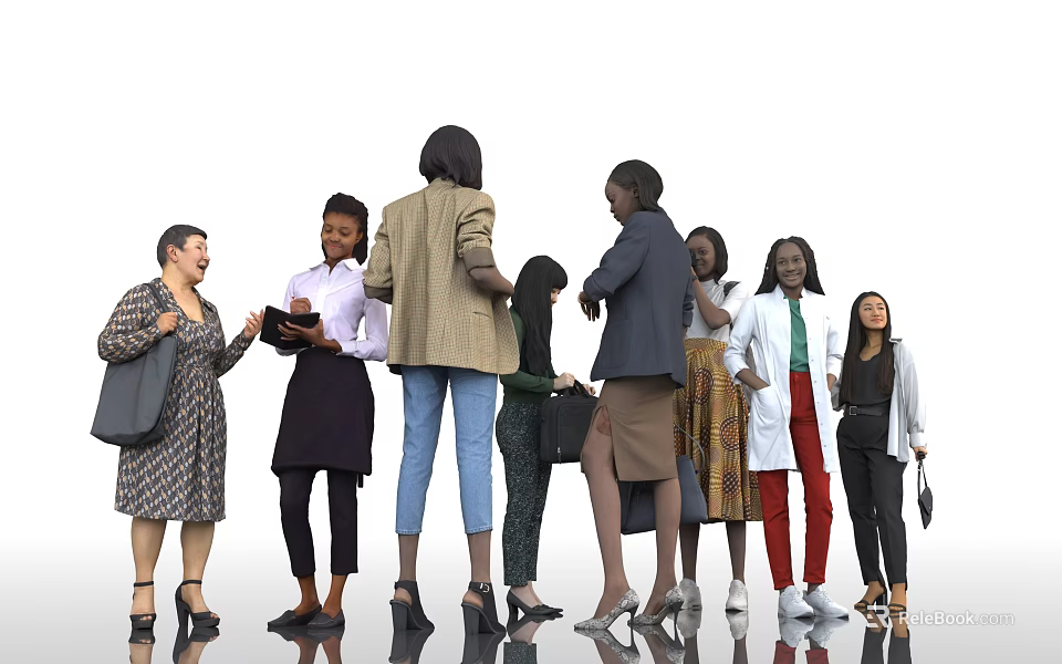 Group of Diverse Women in Various Professional Outfits Standing Together and Interacting Casually 3d model 