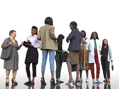 Group of Diverse Women in Various Professional Outfits Standing Together and Interacting Casually 3d model