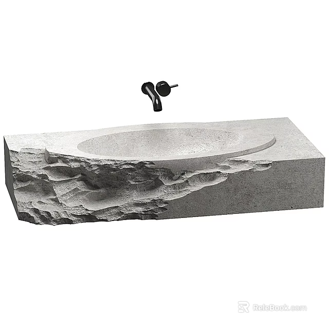 Natural Stone Textured Washbasin With Black Faucet And Rock Inspired Design 3d model 