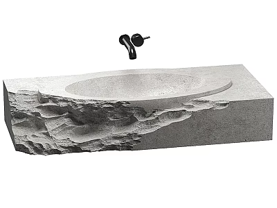 Natural Stone Textured Washbasin With Black Faucet And Rock Inspired Design 3d model