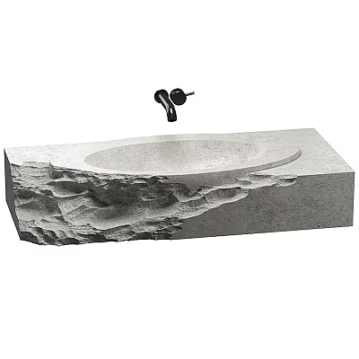Natural Stone Textured Washbasin With Black Faucet And Rock Inspired Design 3d model