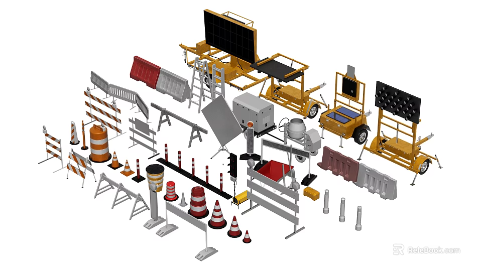 Road Construction Safety Equipment Including Traffic Cones Barriers And Warning Signs 3d model 