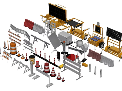 Road Construction Safety Equipment Including Traffic Cones Barriers And Warning Signs 3d model
