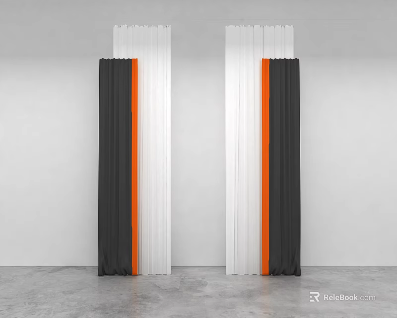 Modern Vertical Curtains With Black White And Orange Color Block Design 3d model 