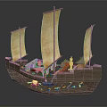 Wooden Sailing Ship with Three Sails Colorful Interior and Warm Lighting for Decorative
