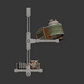 Metal Shelf With Two Layers Holding Various Equipment And Parts