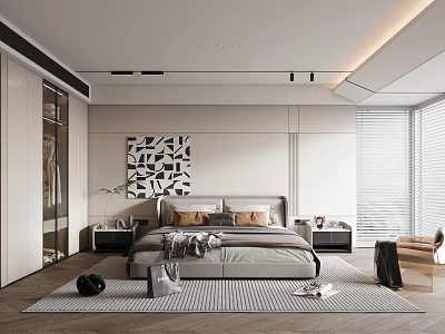 Modern Bedroom Interior With Bed Nightstands Wall Art Window Blinds And Area Rug 3d model