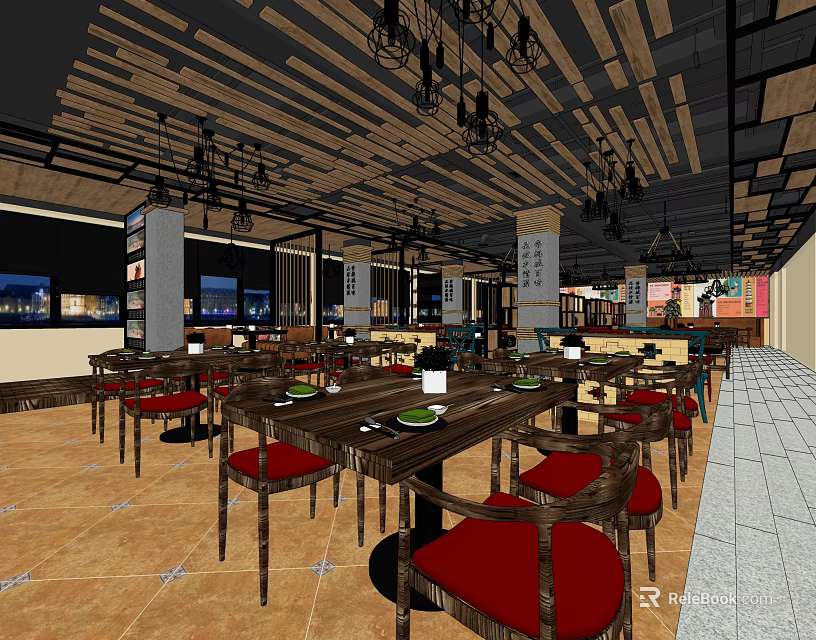 Modern Restaurant Interior With Wooden Tables Red Chairs And Hanging Lights 3d model 