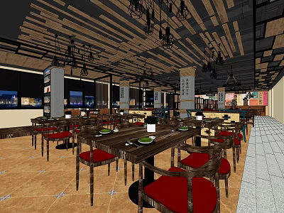 Modern Restaurant Interior With Wooden Tables Red Chairs And Hanging Lights 3d model