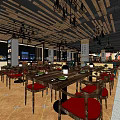 Modern Restaurant Interior With Wooden Tables Red Chairs And Hanging Lights