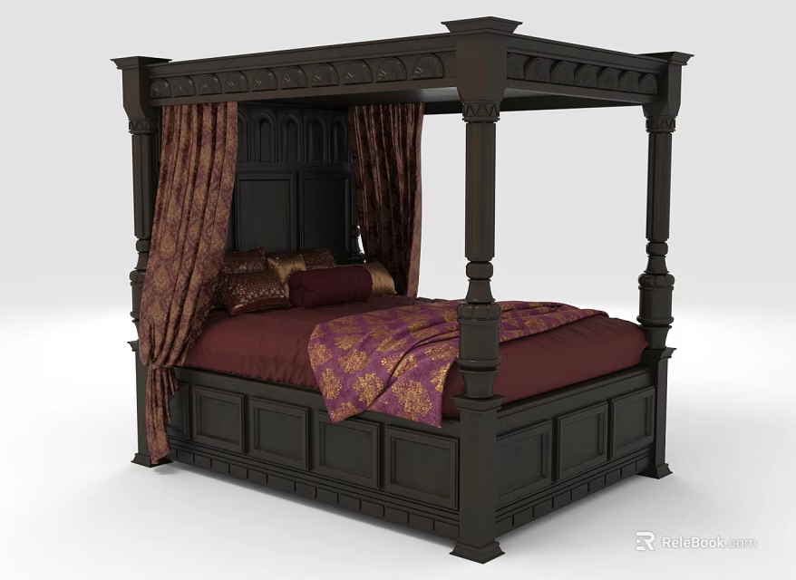 Dark Brown Four Poster Double Bed With Carved Details Curtains Red Sheets And Patterned Quilt 3d model 