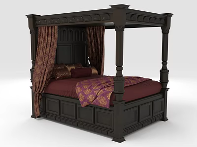Dark Brown Four Poster Double Bed With Carved Details Curtains Red Sheets And Patterned Quilt 3d model
