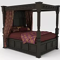 Dark Brown Four Poster Double Bed With Carved Details Curtains Red Sheets And Patterned Quilt