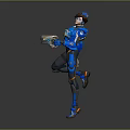 Game Movie Character In Futuristic Blue Armor Holding Weapons In Dynamic Action Pose