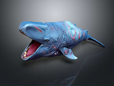 Detailed Blue Whale Sculpture With Red Stripes Open Mouth On Dark Background 3d model