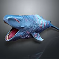 Detailed Blue Whale Sculpture With Red Stripes Open Mouth On Dark Background