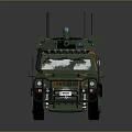 Camouflage Painted Military Vehicle with Roof Mounted Weapon Antennas Off Road Tires and Reinforced Windows