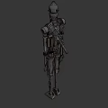 Detailed Mechanical Robot Character With Metallic Armor Red Head Lights And Mechanical Appendages
