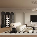 Light Luxury Living Room Interior With White Sofa Red Armchair And Black TV