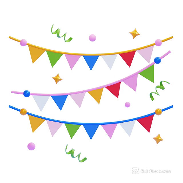 Vibrant Decorative Ornament Set With Colorful Flags Streamers Stars And Pom Poms For Festive Decor 3d model 