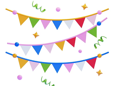 Vibrant Decorative Ornament Set With Colorful Flags Streamers Stars And Pom Poms For Festive Decor 3d model