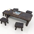 Outdoor Rustic Wooden Table With Chessboard Stools And Leisure Book Setup 3d model