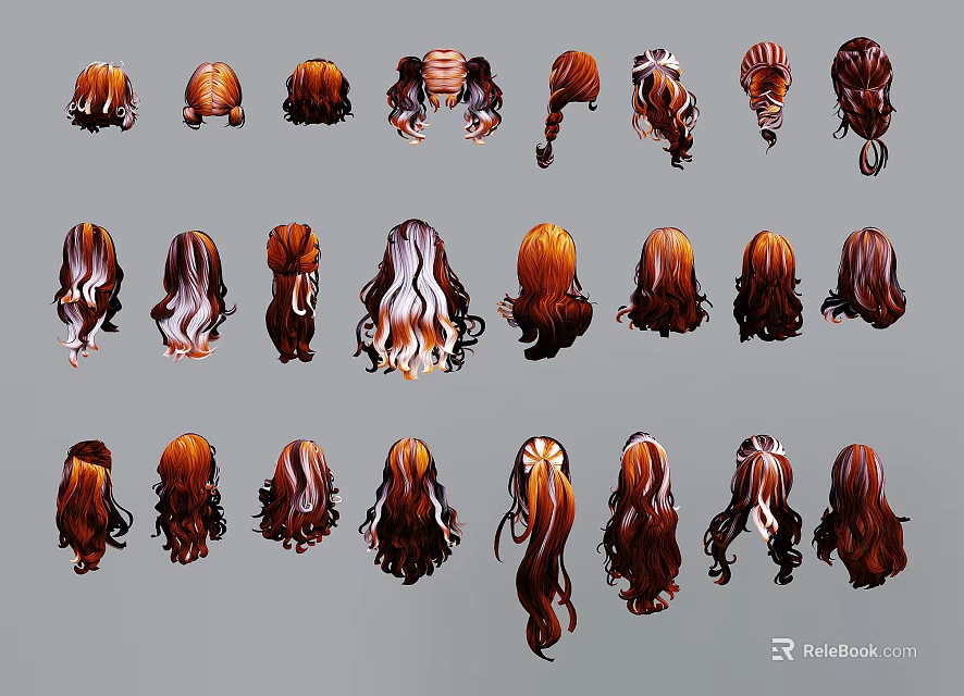 Decorative Ornament Sets Displaying Various Colored Wigs Curly And Straight Styles 3d model 