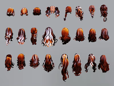 Decorative Ornament Sets Displaying Various Colored Wigs Curly And Straight Styles 3d model