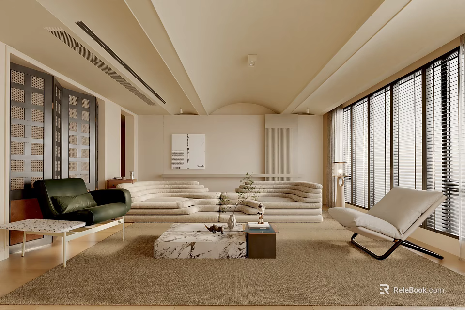 Modern Living Room Interior With Green Armchair L-shaped Sofa And Marble Coffee Table 3d model 