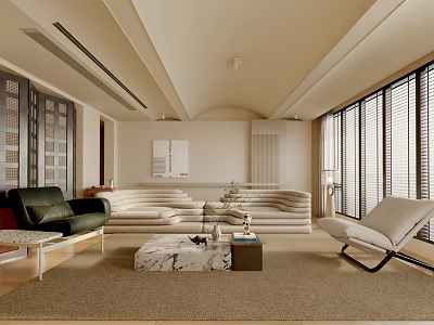 Modern Living Room Interior With Green Armchair L-shaped Sofa And Marble Coffee Table 3d model