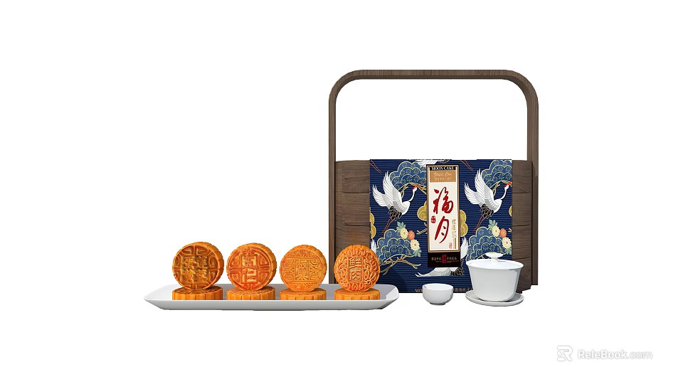 Traditional Chinese Mooncakes With Elegant Gift Box And Crane Design Tea Set 3d model 