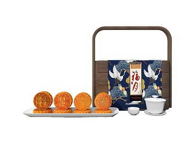 Traditional Chinese Mooncakes With Elegant Gift Box And Crane Design Tea Set 3d model