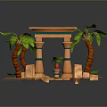 Egyptian Themed Decorative Setup With Palm Trees Brown Trunks And Green Leaves