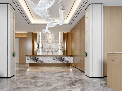 Modern Luxury Hotel Lobby Interior Design With Marble Reception Desk And Crystal Chandelier 3d model
