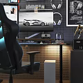 Modern Gaming Desk and Chair Set with Dual Monitors Keyboard and Headphones