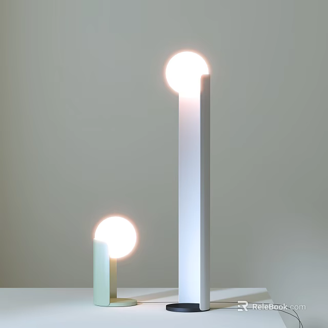 Modern Table Lamps With Two Glowing Spherical Lampshades And Tall White Pole Bases 3d model 