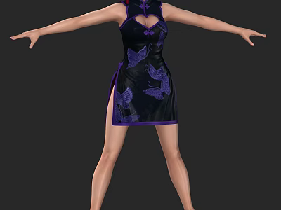 Woman in black qipao with purple butterfly patterns posing with arms outstretched elegant stance 3d model