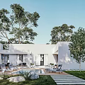 White Detached Villa With Swimming Pool Stone Pathway Lounge Chairs And Greenery