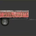 Red Rusty Utility Trailer With Metal Body And Single Wheel Structure