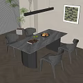 Contemporary Dining Table Set With Rectangular Stone Top Black Chairs And Herringbone Wooden Floor 3d model